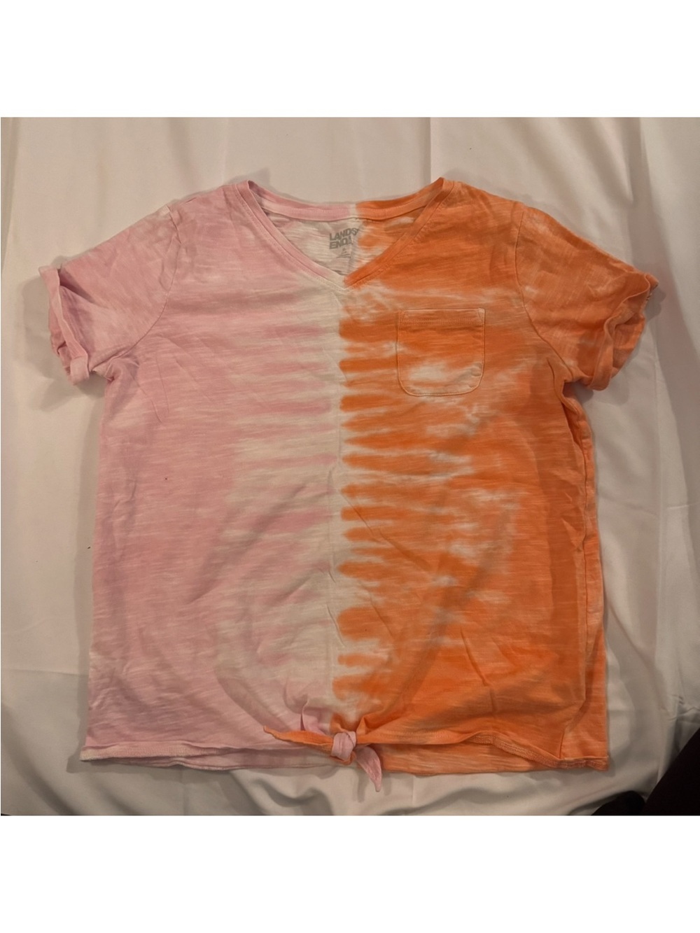 Lands’ End Girls XL Pink Orange Tie Dye Pocket Tee Side Knot Shirt